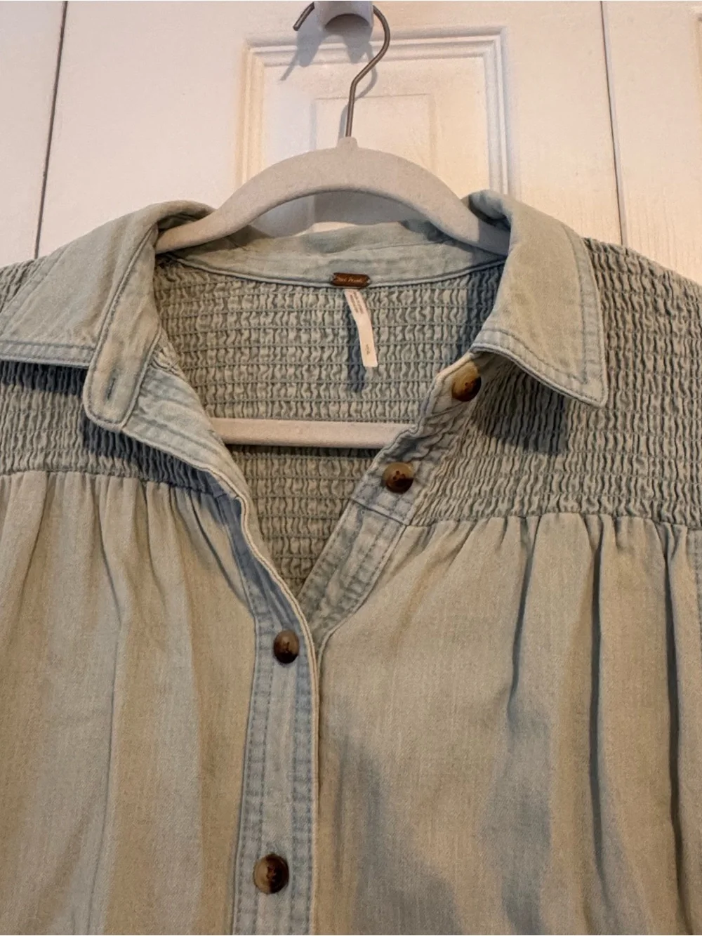 Free People Light Denim Button-Front Smocked Yoke Mini Dress